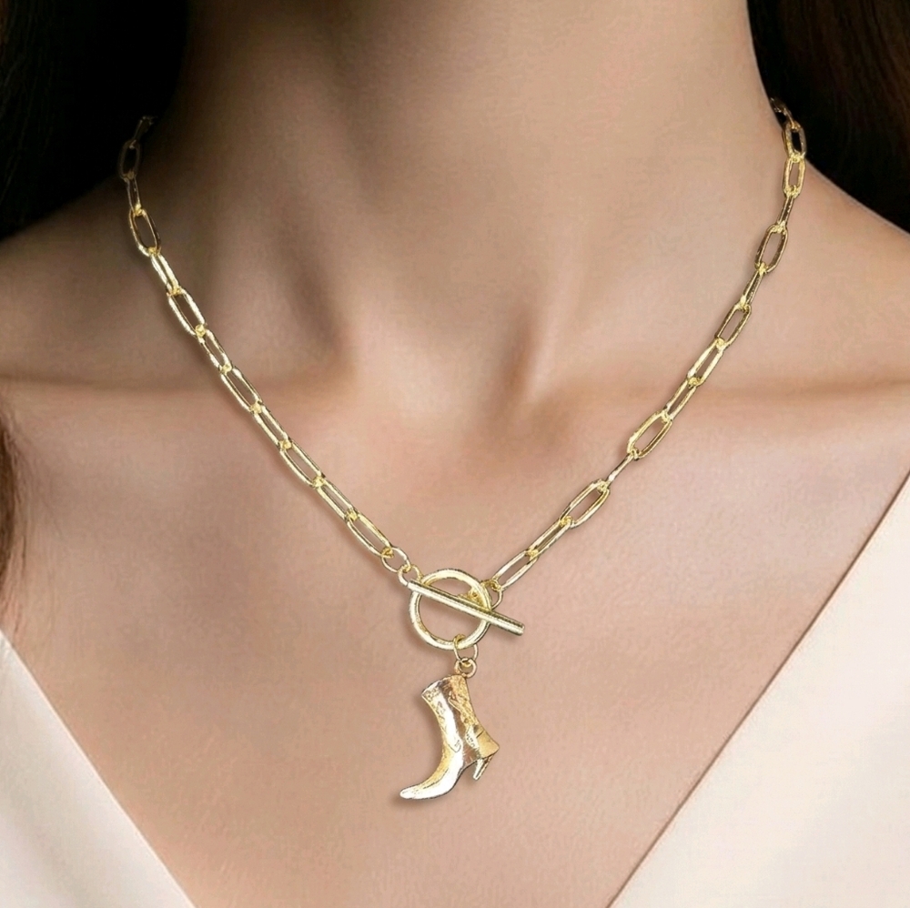 Gold Cowboy Boot Pendant Necklace Toggle Paperclip Chain Western Minimalist 20"